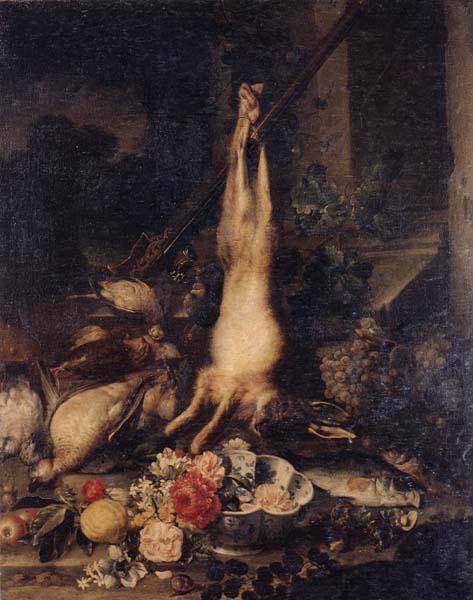 Still life of a hare,fish,fruit and flowers by a stone pillar,a landscape beyond